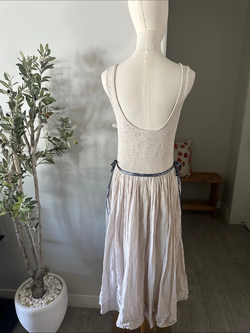 Free People Nightingale Smocked Seersucker Midi Dress in Tea Navy Combo New!